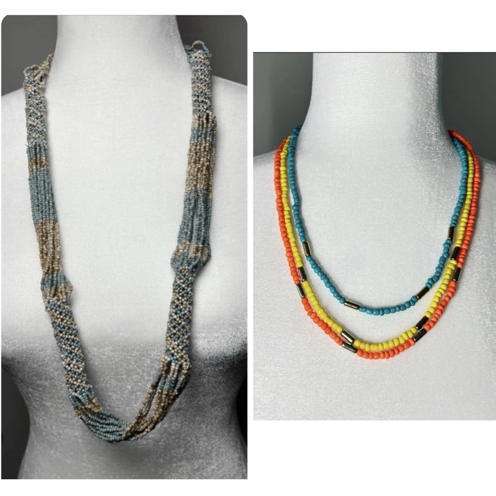 Lot of 2 Beaded Necklace - Green/Tan and Green/Yellow/Orange Bundle